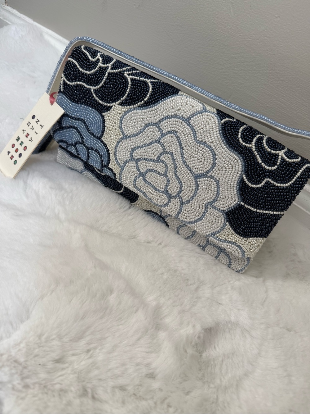 Tiana New York Beaded Floral Clutch Blue White Hand Beaded Wristlet NWT
